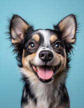 A dog looking at the camera against a blue ground