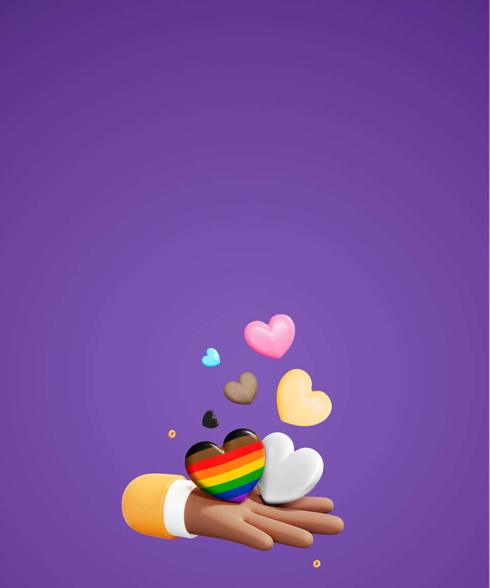 An outstretched hand holding hearts themed in various colors and one like a Pride flag for Confetti's Virtual Diversity & Inclusion Workshop 