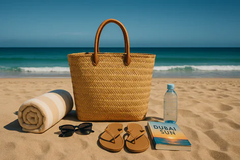 Beach setup on sand with a straw tote bag, striped towel, sunglasses, sandals, water bottle, and book overlooking the ocean.
