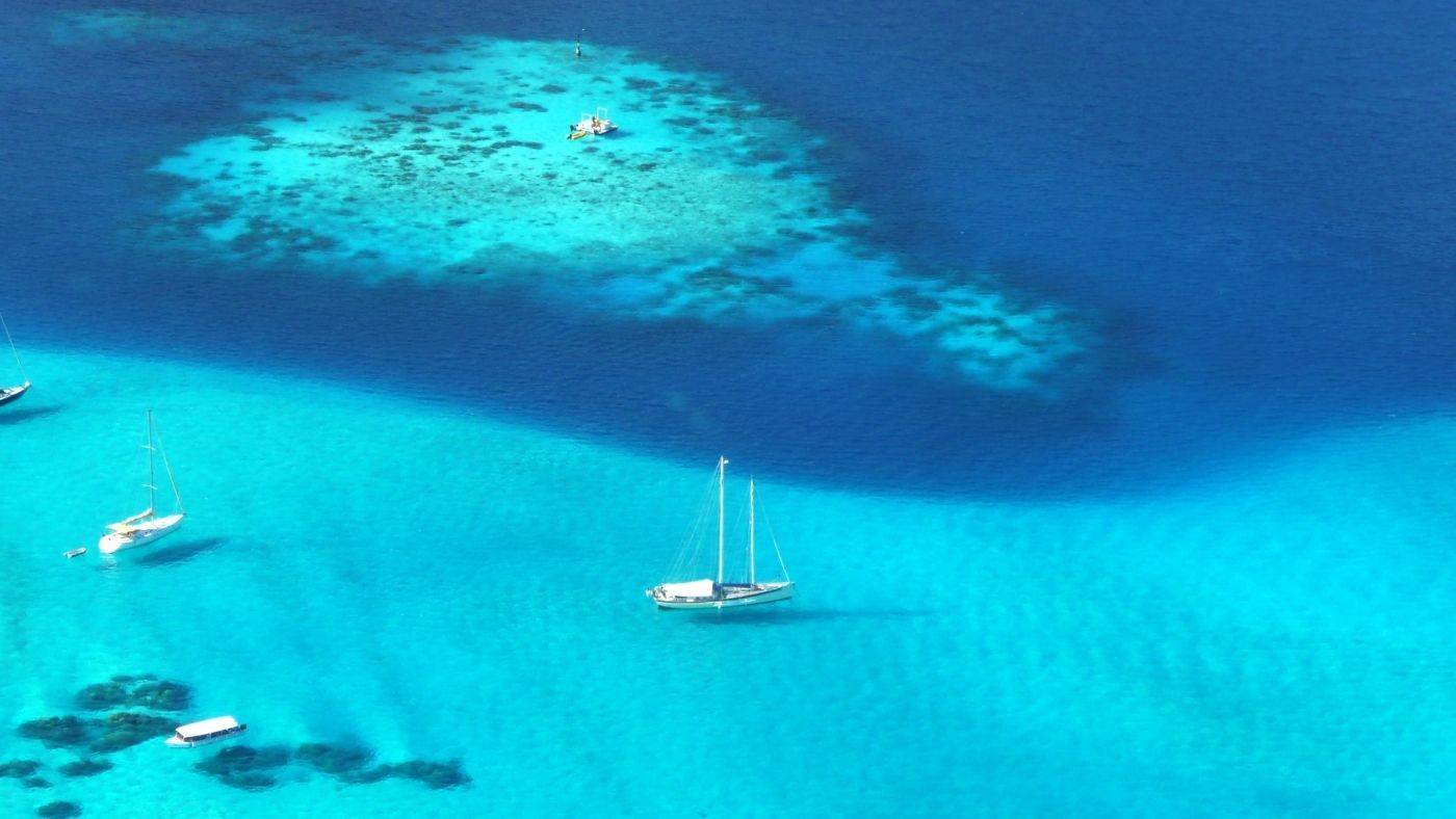 Bambina Bora Bora Travel Guide sailboats  in crystal clear blue ocean 