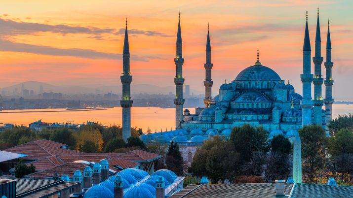 The Blue Mosque, built 1609-1616, showcases Ottoman-Byzantine fusion with a central dome and six minarets