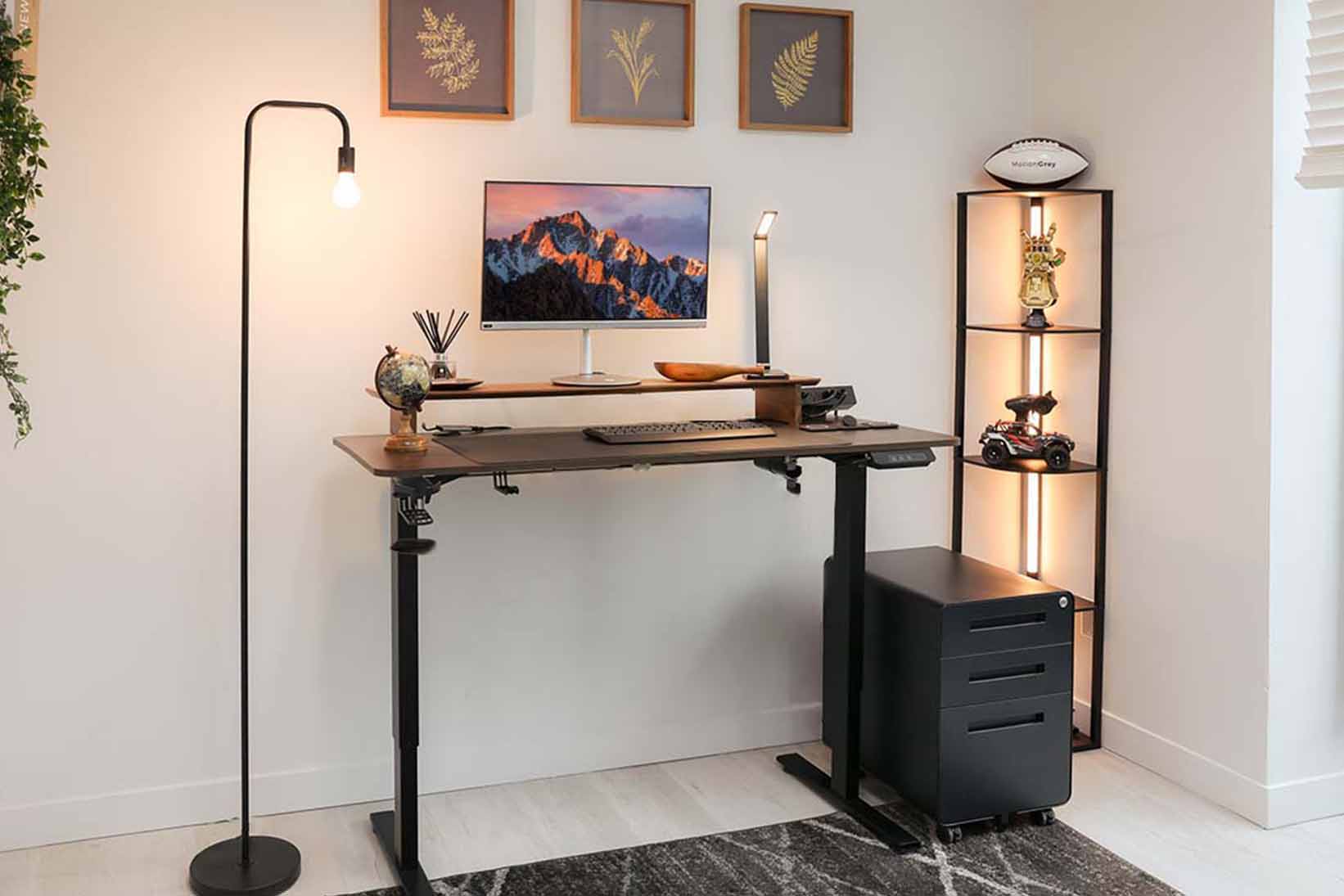 MotionGrey standing desk workstation in a styled room