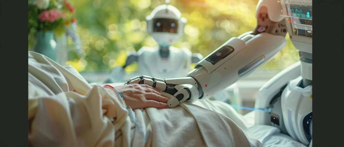 Human nurse providing comfort to a patient, with robots working outside.