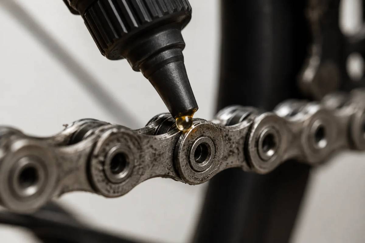 Lubrification des points de pivot d'un dérailleur de vélo avec de l'huile