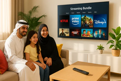 Happy Middle Eastern family enjoys watching a smart TV displaying a streaming bundle with icons for Netflix, Prime Video, and Disney+.