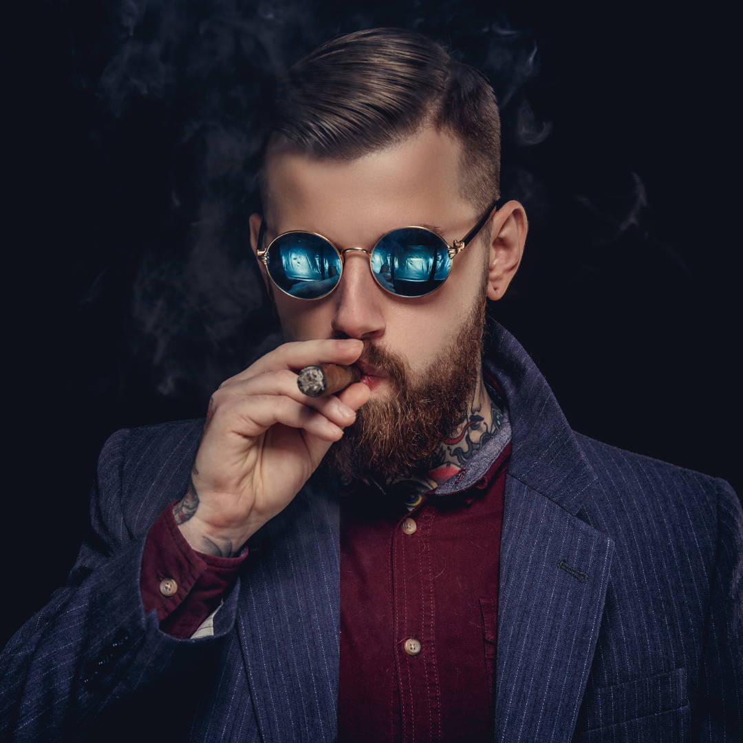 Man Made Beard Model smoking a cigar