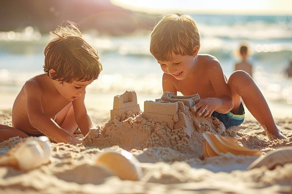 Two boys building a sand castle at the beach.