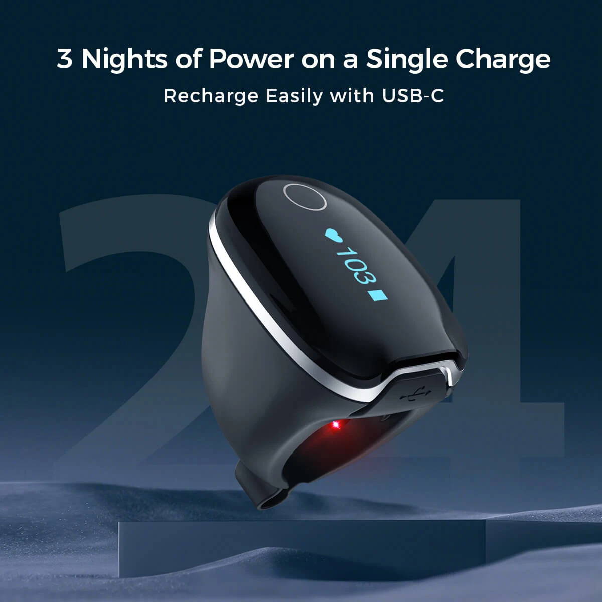 Wellue O2Ring-S charging with Type-C USB, 24-hour continuous battery life
