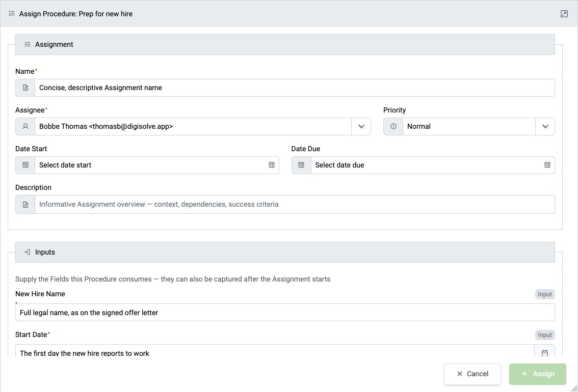 Assign Procedure dialog
