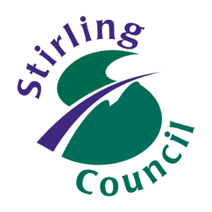 Logo of Stirling Council featuring a stylized green S with a purple arc crossing it. The words Stirling Council are written around the S in purple text.