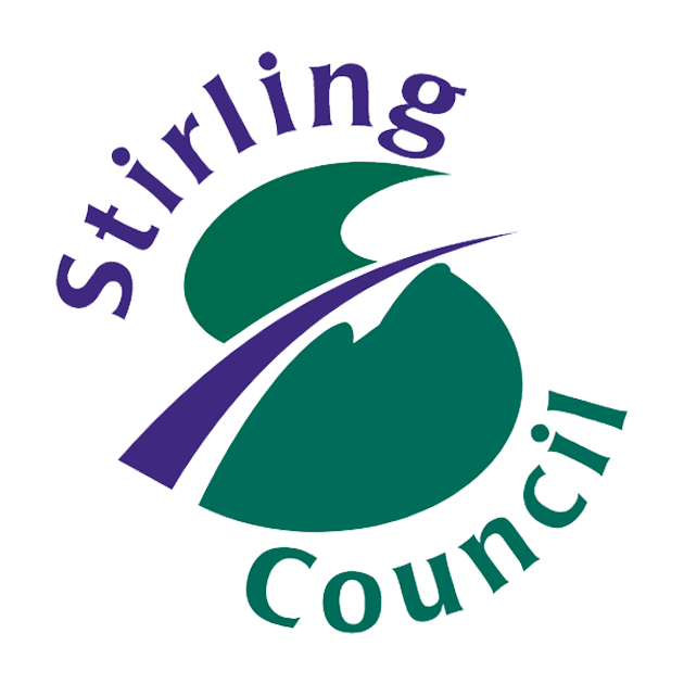 Logo of Stirling Council featuring a stylized green S with a purple arc crossing it. The words Stirling Council are written around the S in purple text.