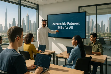 Diverse students in a classroom with city skyline view learn from an instructor presenting "Accessible Futures: Skills for All". Student with hearing aid uses laptop.