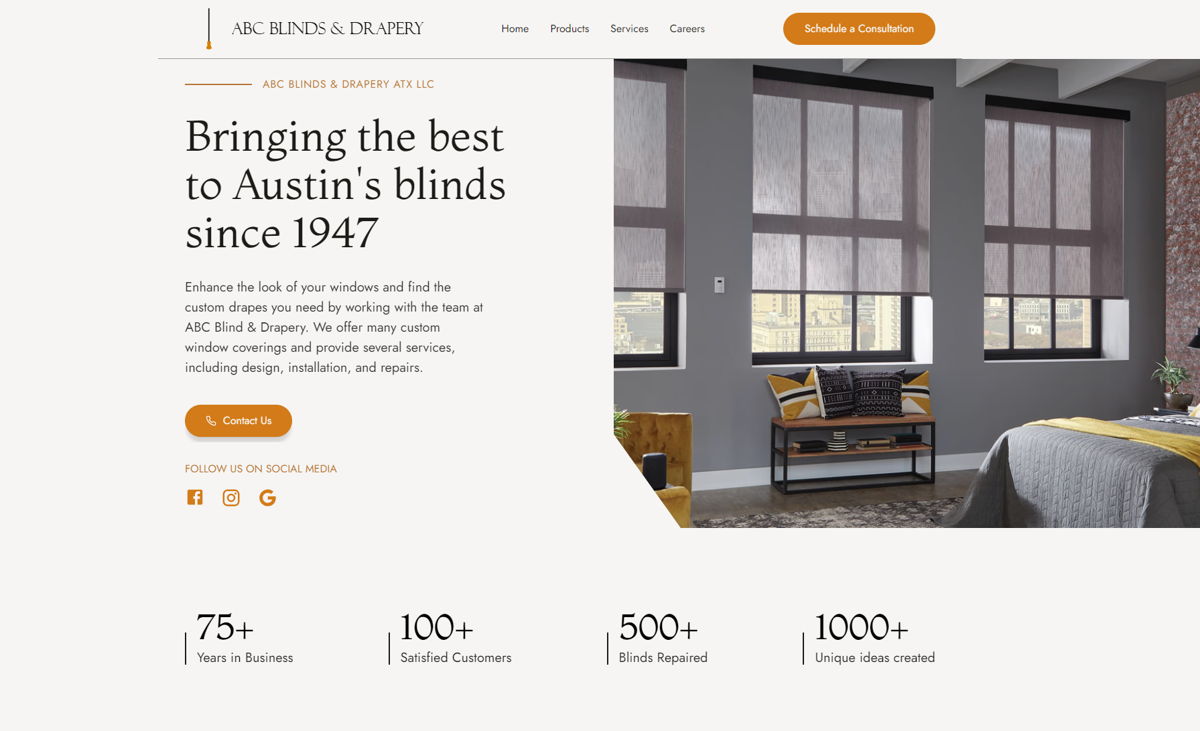 Screenshot of ABC Blind and Drapery ATX, from the  framer websites collection.