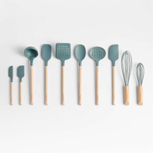 Crate & Barrel Sage Green Silicone & Wood Utensils