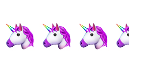 Three and a half unicorn head emojis with purple mane.