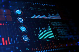 A digital dashboard displays data visualizations, including bar graphs, circular progress indicators, and line charts, all in blue and red tones on a dark background, representing technology and data analysis.