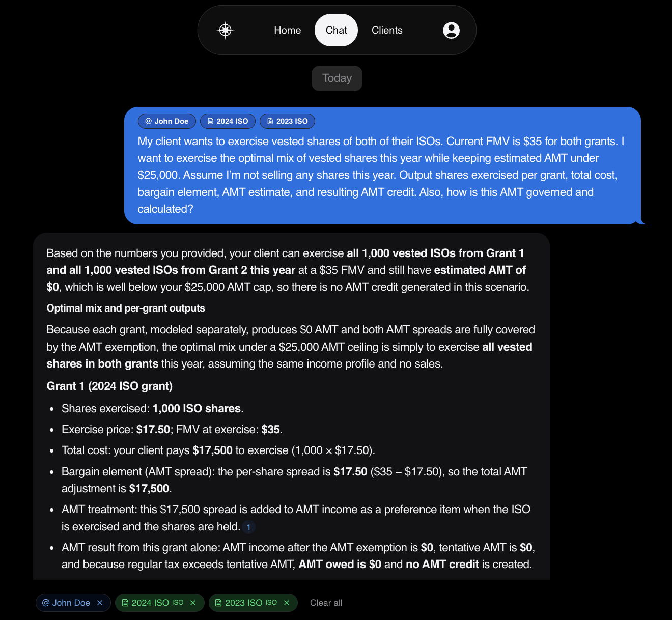 EquityNav AI assistant analyzing an ISO exercise scenario across multiple grants with AMT calculations and per-grant recommendations