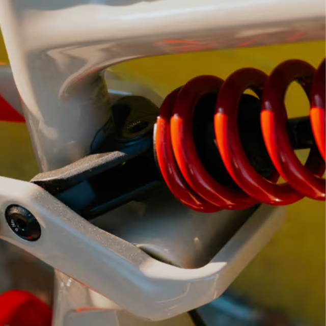 Close up of rear shock coil of Cannondale Moterra electric mountain bike