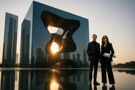 Man and woman in business attire posing in front of a large modern building featuring a striking sculptural facade with sun rays and reflections.