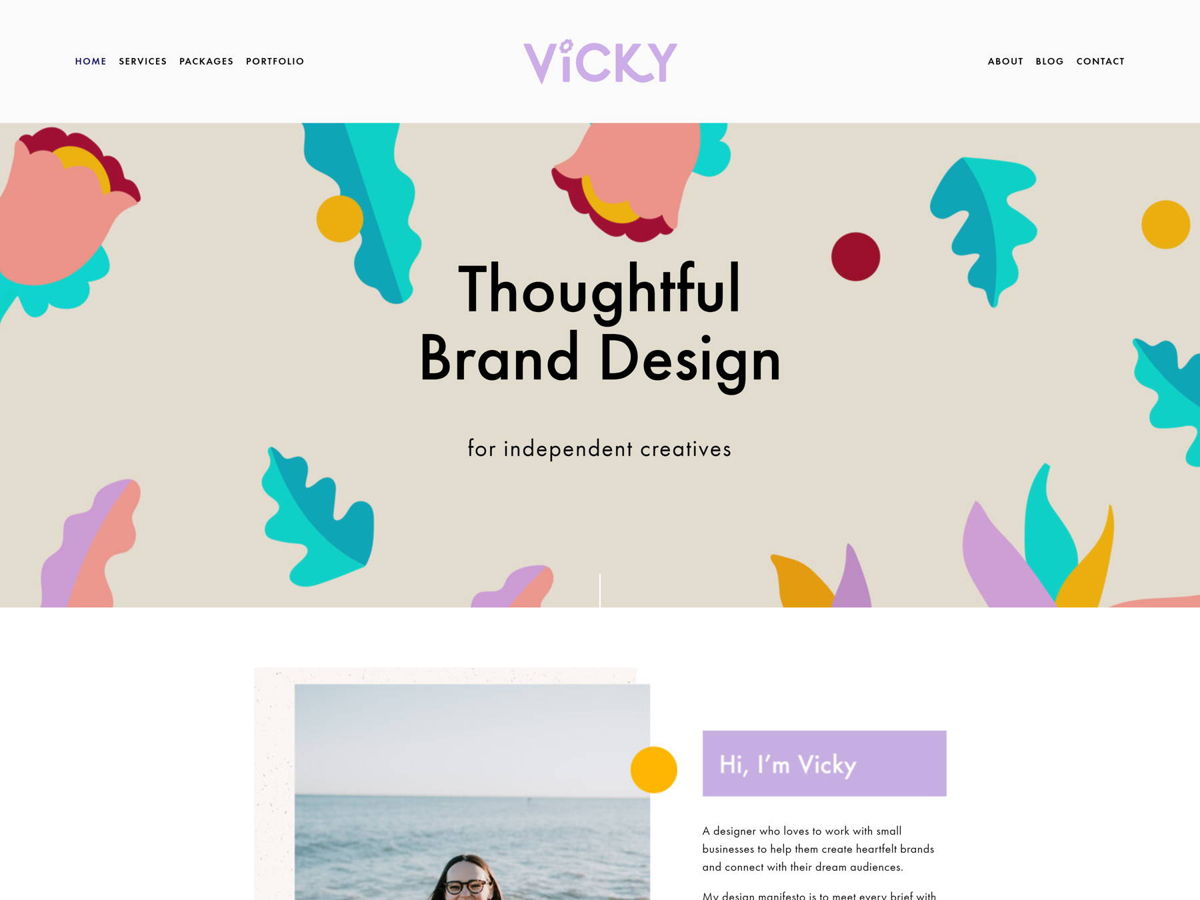 Screenshot of Vicky Perry Design, from the squarespace portfolio examples collection.