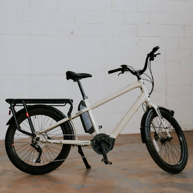 a white Benno Boost electric cargo bike