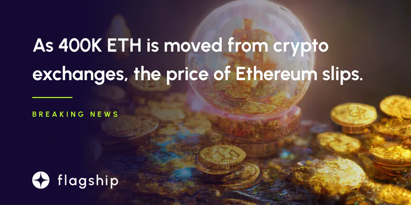 As 400K ETH is moved from crypto exchanges, the price of Ethereum slips