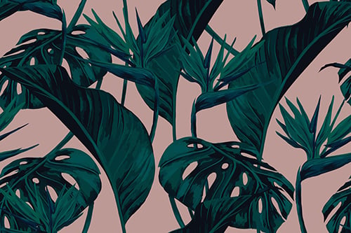Pink & blue tropical leaf satin fabric Panel Image