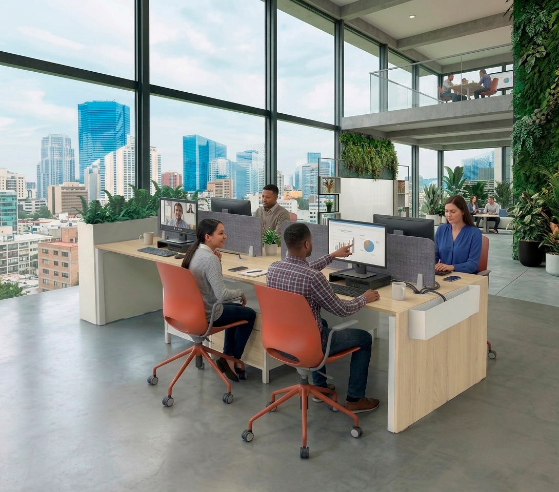 Oficina flexible con estaciones de trabajo conectadas