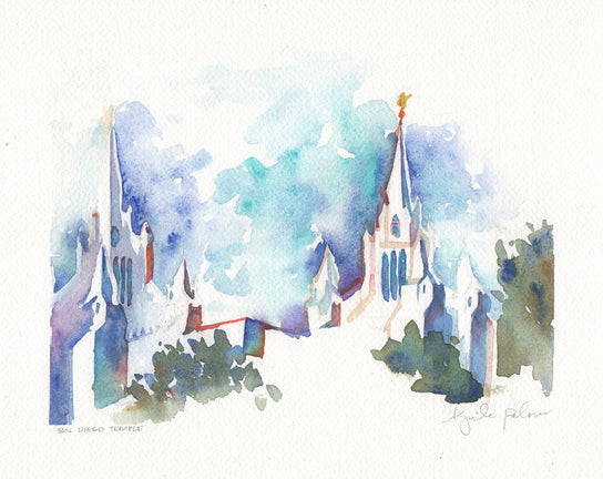 Impressionist watercolor painting of the San Diego Temple.