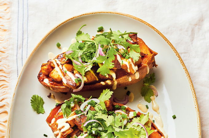 Sweet Potatoes Topped with Tempeh and Tahini Sauce