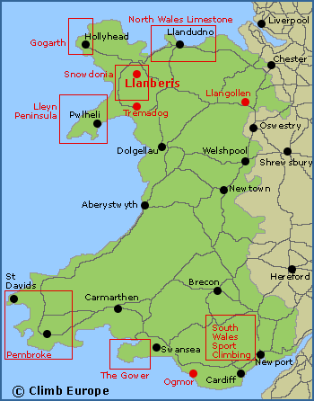 Map of the main rock climbing areas in Wales