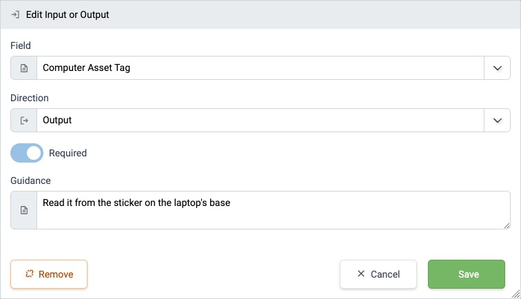 Edit Input or Output dialog for a required Output
