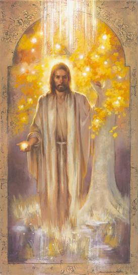 Jesus standing by the tree of life, offering a glowing fruit. 