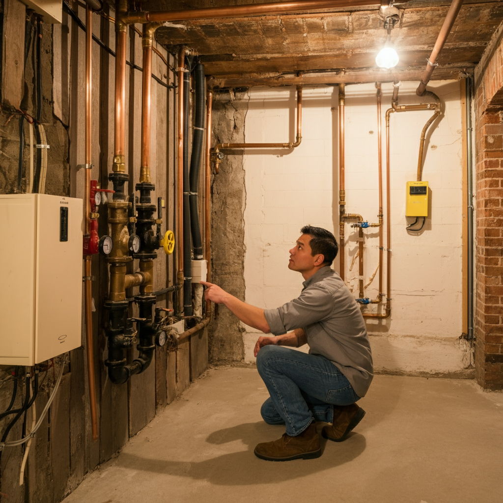 A Gold Coast property undergoing a structural inspection, with focus on exposed century-old plumbing and electrical systems in the basement. The inspector points to updated copper pipes alongside original cast iron, demonstrating why inspection contingencies remain valuable even in luxury properties where significant infrastructure may require modernization.