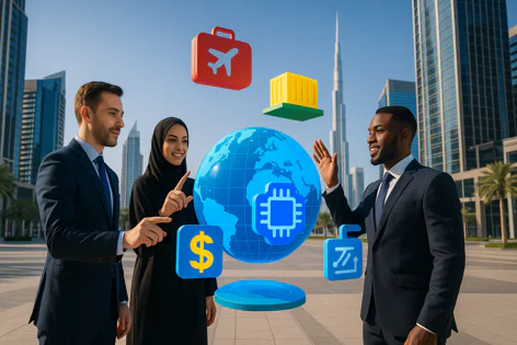 Three diverse business people stand in a modern city square, interacting with a digital globe and icons for travel, logistics, finance, and technology.
