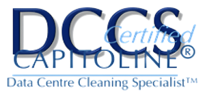 Logo with the text: DCCS Certified Capitoline® Data Centre Cleaning Specialist™ in blue and light blue fonts on a white background.
