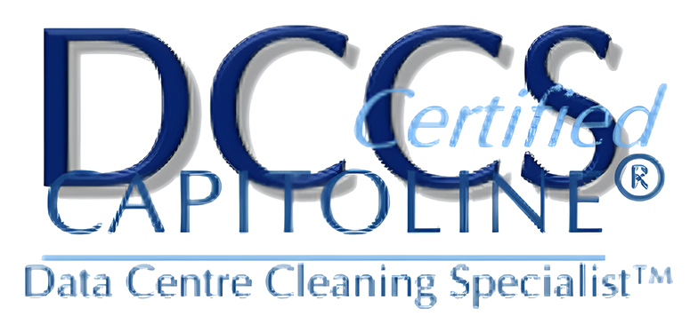 Logo with the text: DCCS Certified Capitoline® Data Centre Cleaning Specialist™ in blue and light blue fonts on a white background.