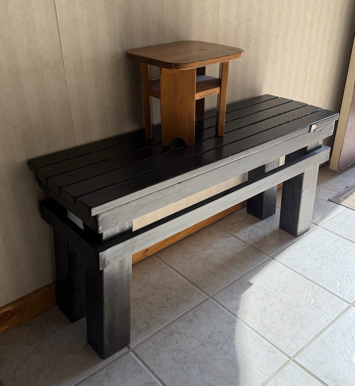 Rustic Wooden Slat Bench with Black and Gray Finish & Small Wooden Step ...