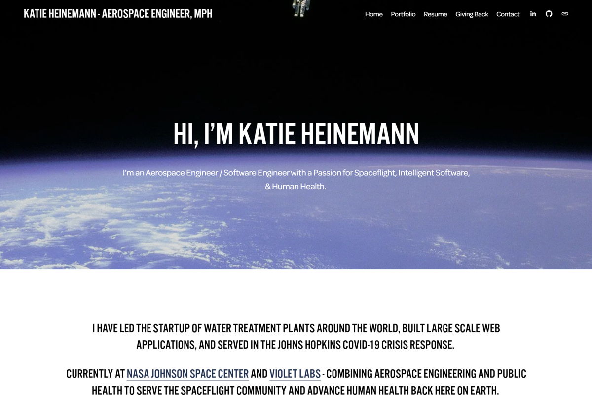 Screenshot of Katie Heinemann, from the engineer portfolios collection.