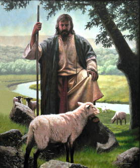 Painting of Jesus approaching a lamb surrounded by rocks.