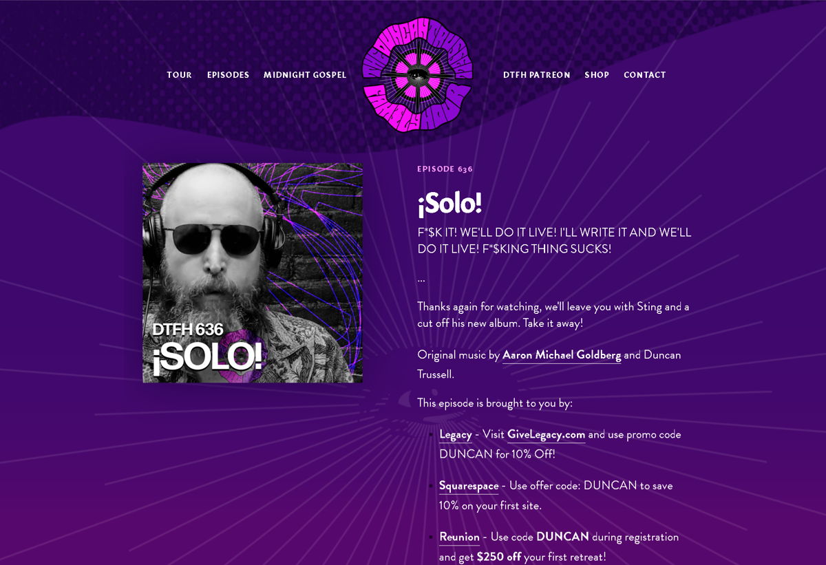 Screenshot of Duncan Trussell Family Hour , from the purple websites collection.