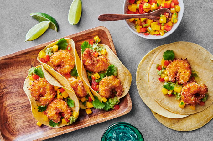 Air Fryer Bang Bang Shrimp Tacos with Mango Salsa