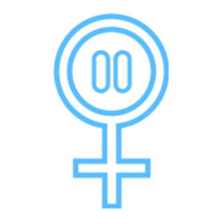 Blue outlined Venus symbol with a stylized circle and double vertical line inside.