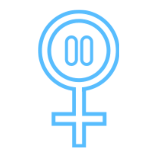 Blue outlined Venus symbol with a stylized circle and double vertical line inside.