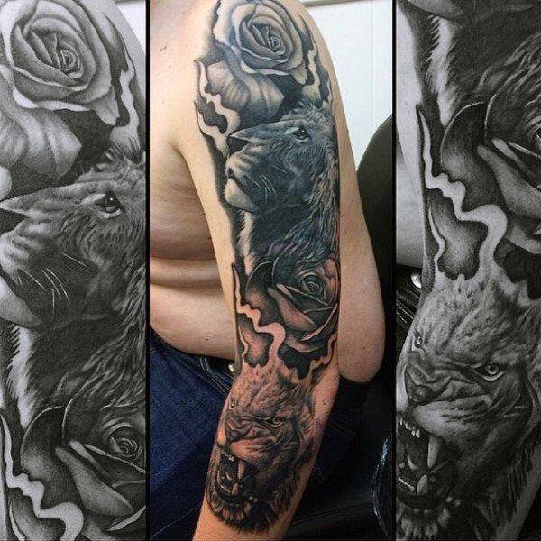 Tatouage Lion Fleur Rose Noir et Blanc