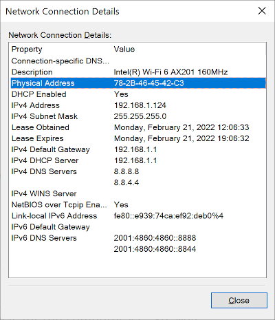 Physical address of a device Network Connection Details window with a highlighted physical device address