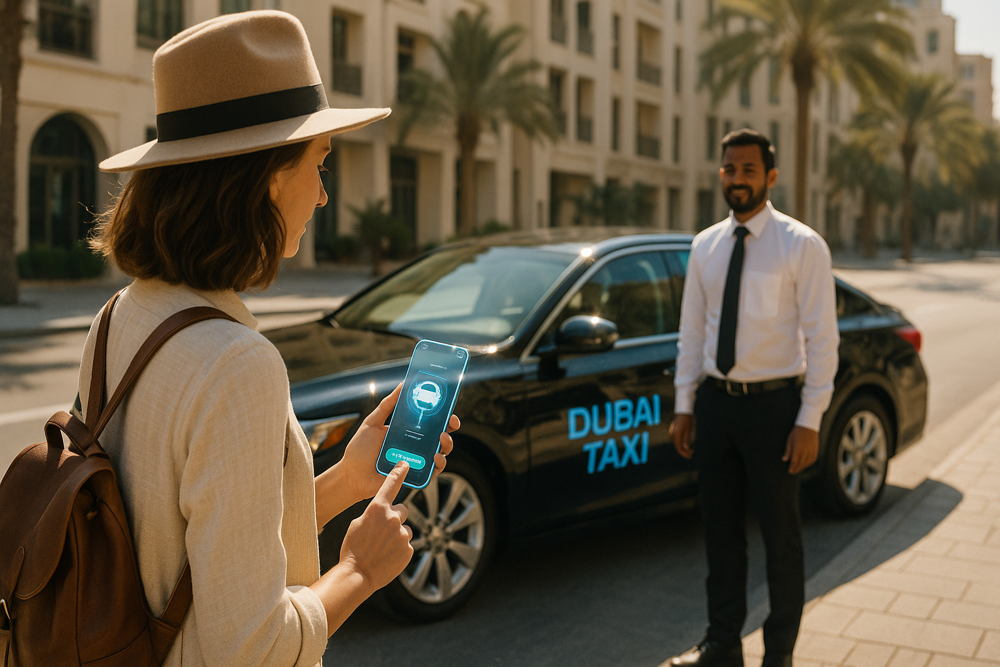 A woman uses a smartphone app to book a Dubai taxi, standing on the street with the black taxi and driver visible behind her.