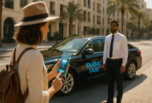 A woman uses a smartphone app to book a Dubai taxi, standing on the street with the black taxi and driver visible behind her.