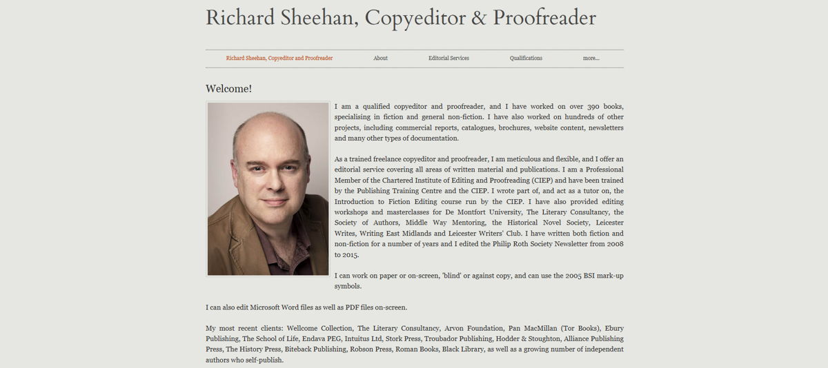 Screenshot of Richard Sheehan, Copyeditor & Proofreader, from the content editor & proofreader portfolios collection.