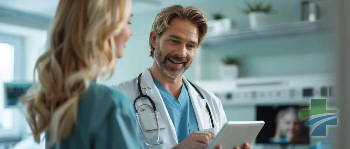 Nurse using a tablet to enhance communication with a patient.
